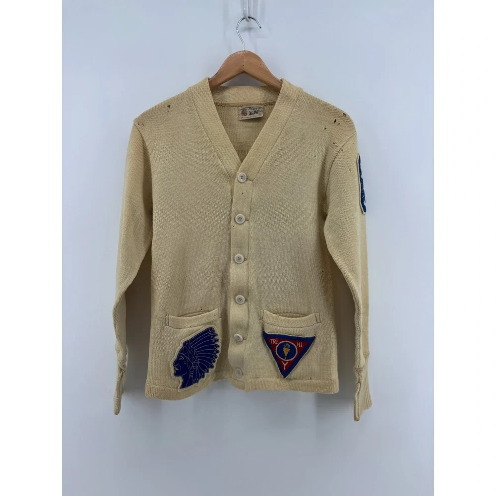 Varsity Natch Cardigan Sweater Mens Beige Wool Muncy Creek Patch 40 Vintage